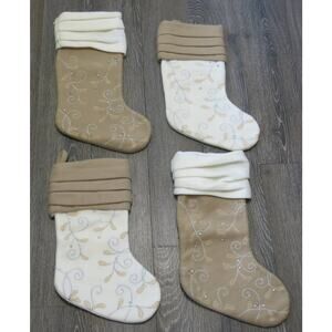 CHRISTMAS STOCKINGS 4 Felt Embroidered Beaded Unique Cream Brown Lined 17 Inches